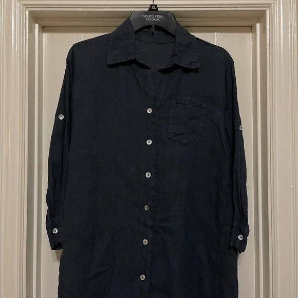 Lungo L'arno 100% Linen Dress Shift Navy - Picture 2 of 9